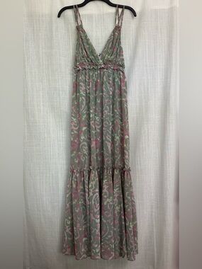 Olive & Pink Printed Maxi Dress Strappy Ruffled Tiered Dress - AEMI + CO